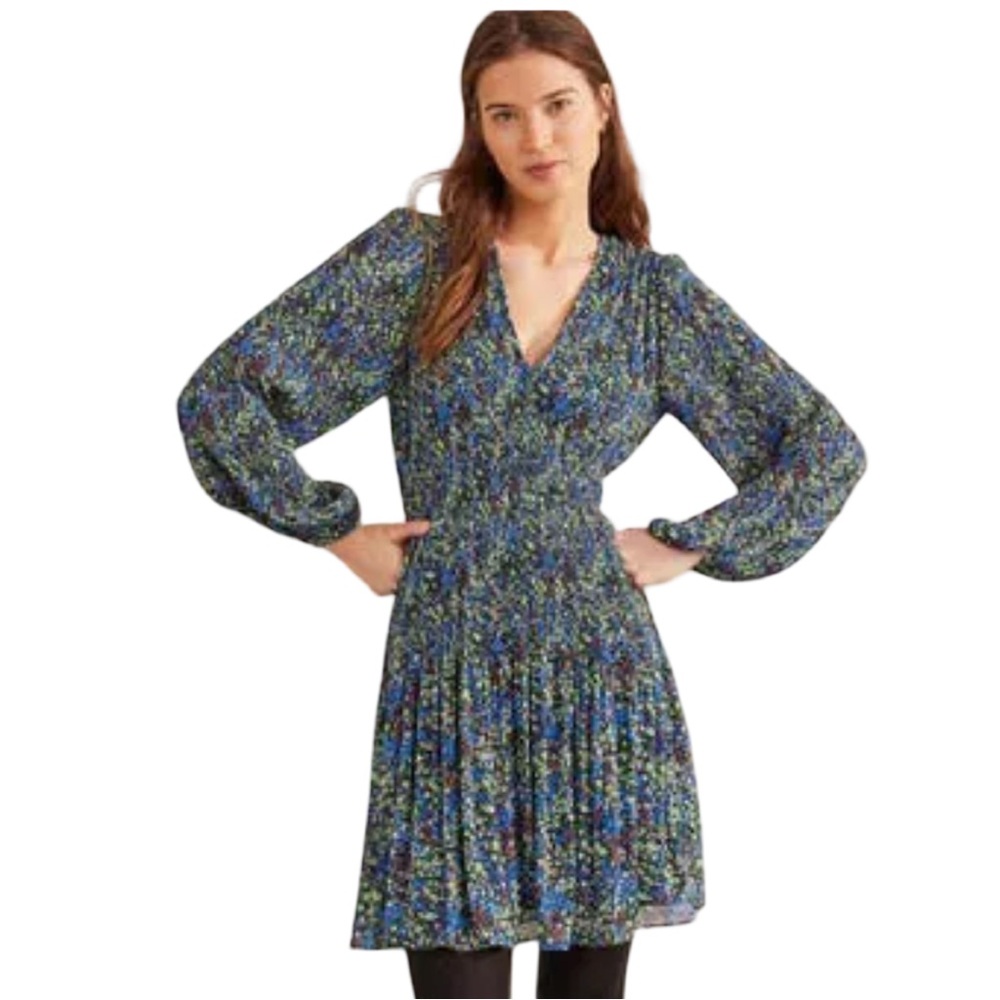 Boden V-neck Plisse Mini Dress floral print EUC Size 8R